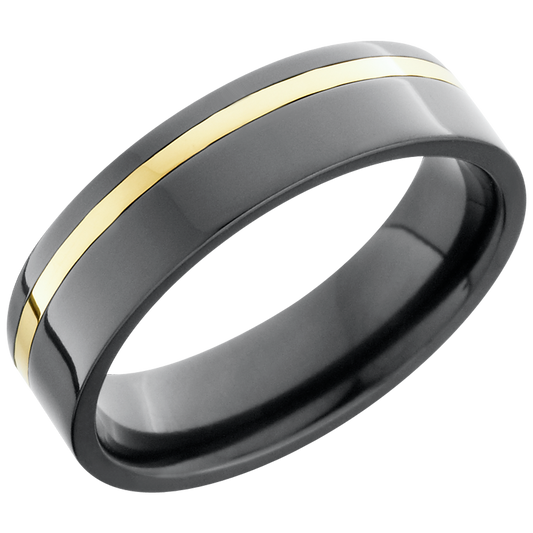 Zirconium 6mm flat band with an off center inlay of 14K yellow gold