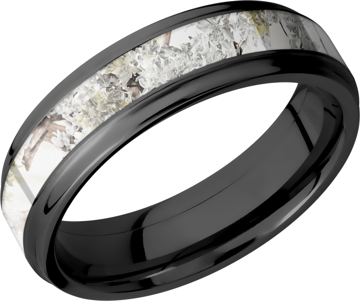 zirconium 6mm flat band with grooved edges and a 3mm inlay of kings snow camo