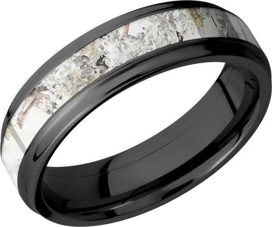 Zirconium 6mm flat band with grooved edges and a 3mm inlay of Kings Snow Camo