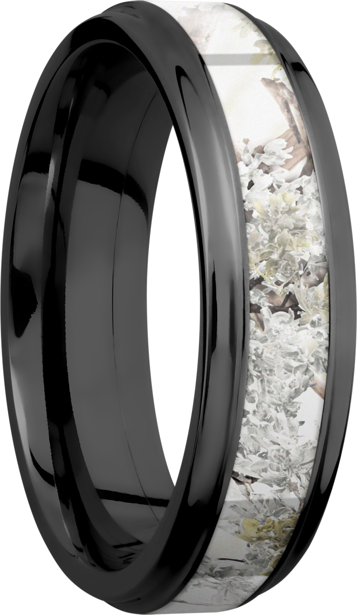 zirconium 6mm flat band with grooved edges and a 3mm inlay of kings snow camo