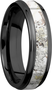 Zirconium 6mm flat band with grooved edges and a 3mm inlay of Kings Snow Camo