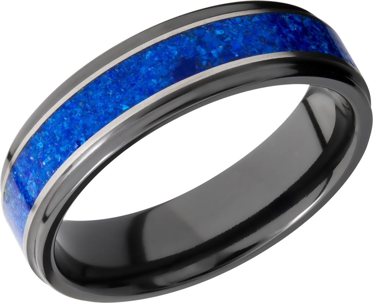 zirconium 6mm flat band with grooved edges and a mosaic inlay of lapis