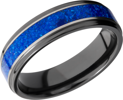 Zirconium 6mm flat band with grooved edges and a mosaic inlay of Lapis