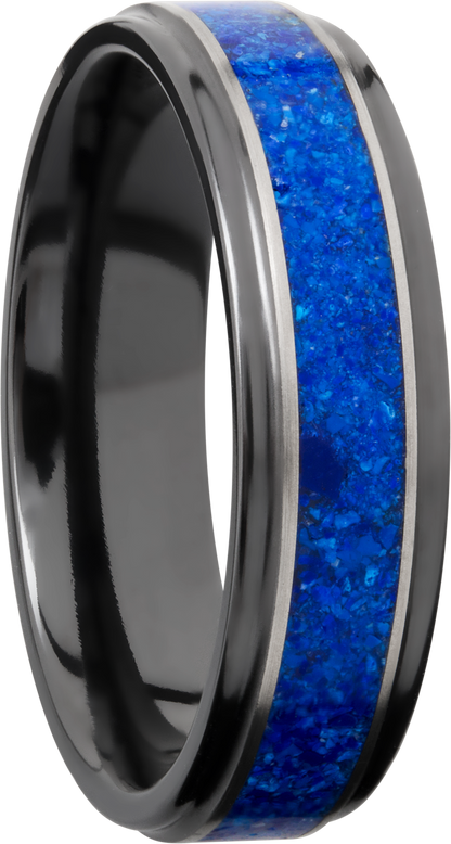 Zirconium 6mm flat band with grooved edges and a mosaic inlay of Lapis