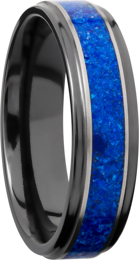 Zirconium 6mm flat band with grooved edges and a mosaic inlay of Lapis