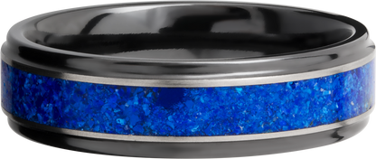 Zirconium 6mm flat band with grooved edges and a mosaic inlay of Lapis