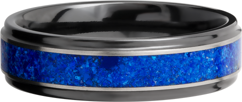 Zirconium 6mm flat band with grooved edges and a mosaic inlay of Lapis