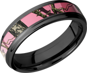 Cobalt chrome 6mm flat band with grooved edges and a 3mm inlay of Mossy Oak Pink Break Up Camo