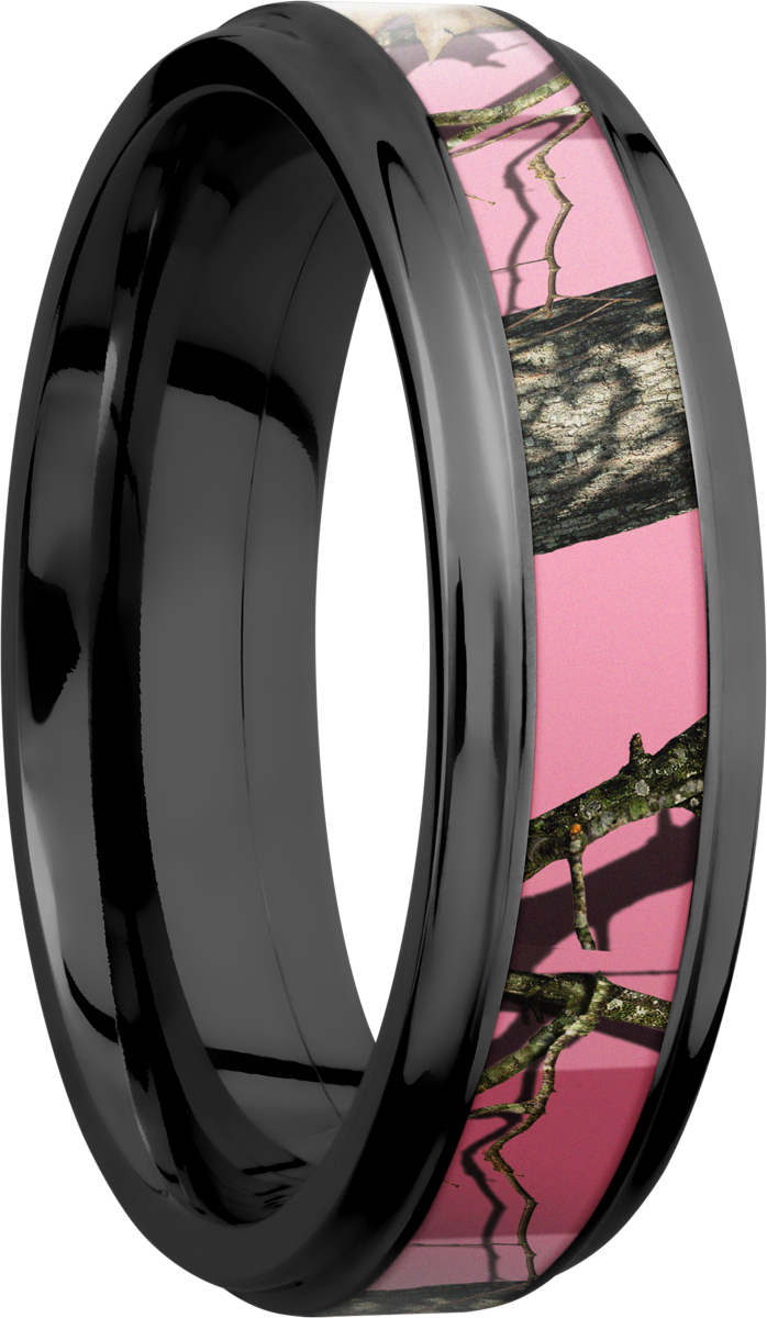 cobalt chrome 6mm flat band with grooved edges and a 3mm inlay of mossy oak pink break up camo