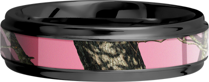 Cobalt chrome 6mm flat band with grooved edges and a 3mm inlay of Mossy Oak Pink Break Up Camo