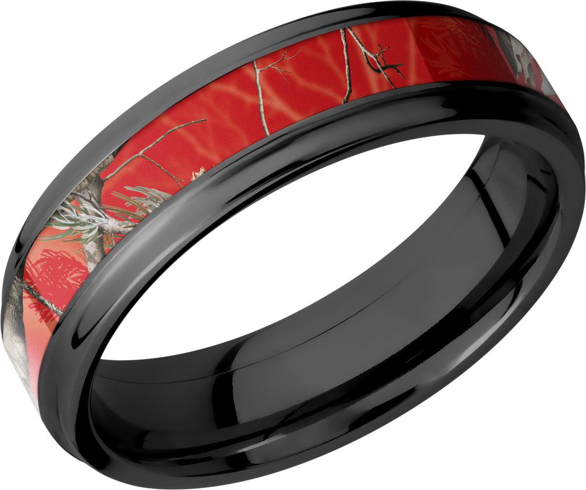 zirconium 6mm flat band with grooved edges and a 3mm inlay of realtree apc red camo