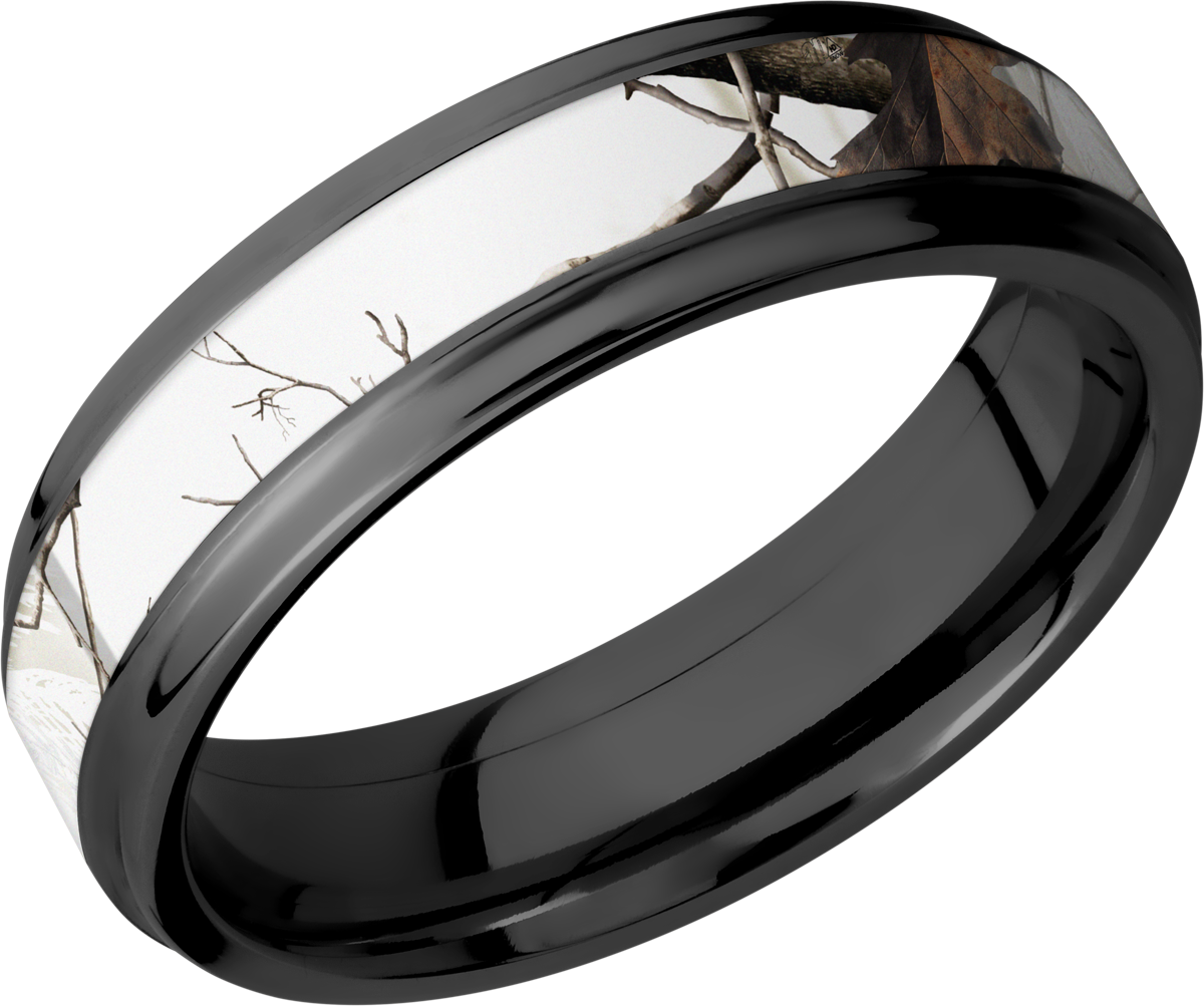 zirconium 6mm flat band with grooved edges and a 3mm inlay of realtree apc snow camo