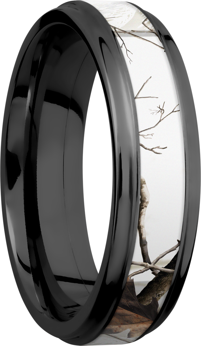 zirconium 6mm flat band with grooved edges and a 3mm inlay of realtree apc snow camo