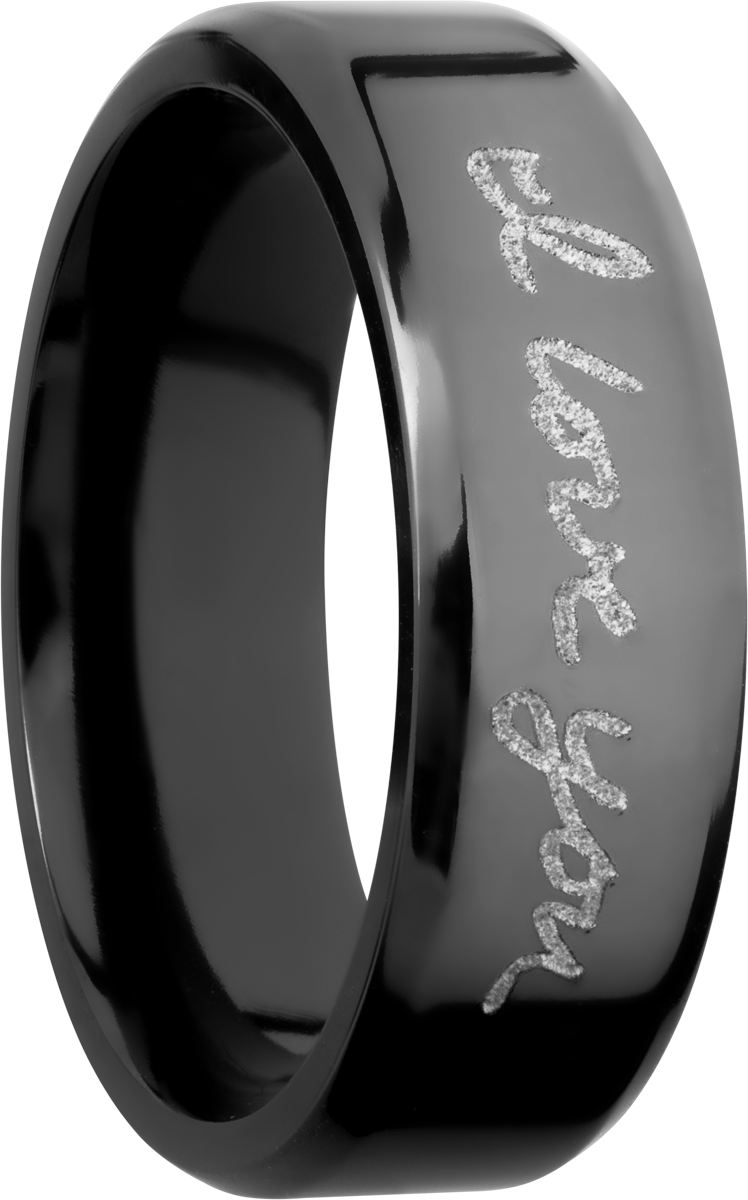 zirconium 7mm beveled band with a laser-carved handwritten message