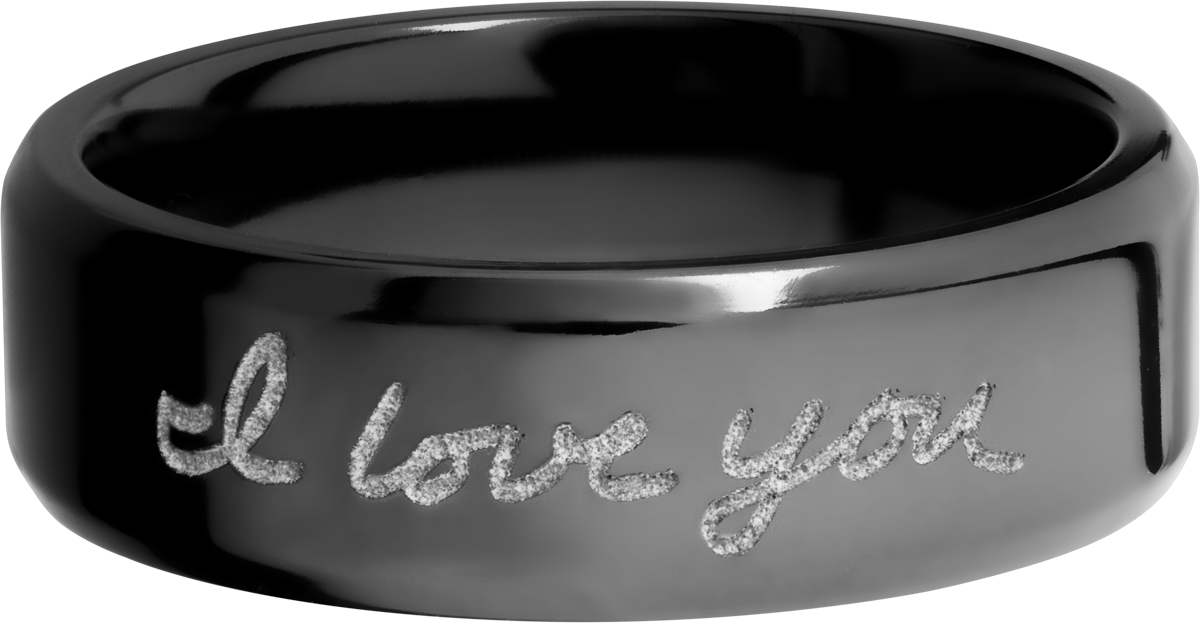 zirconium 7mm beveled band with a laser-carved handwritten message