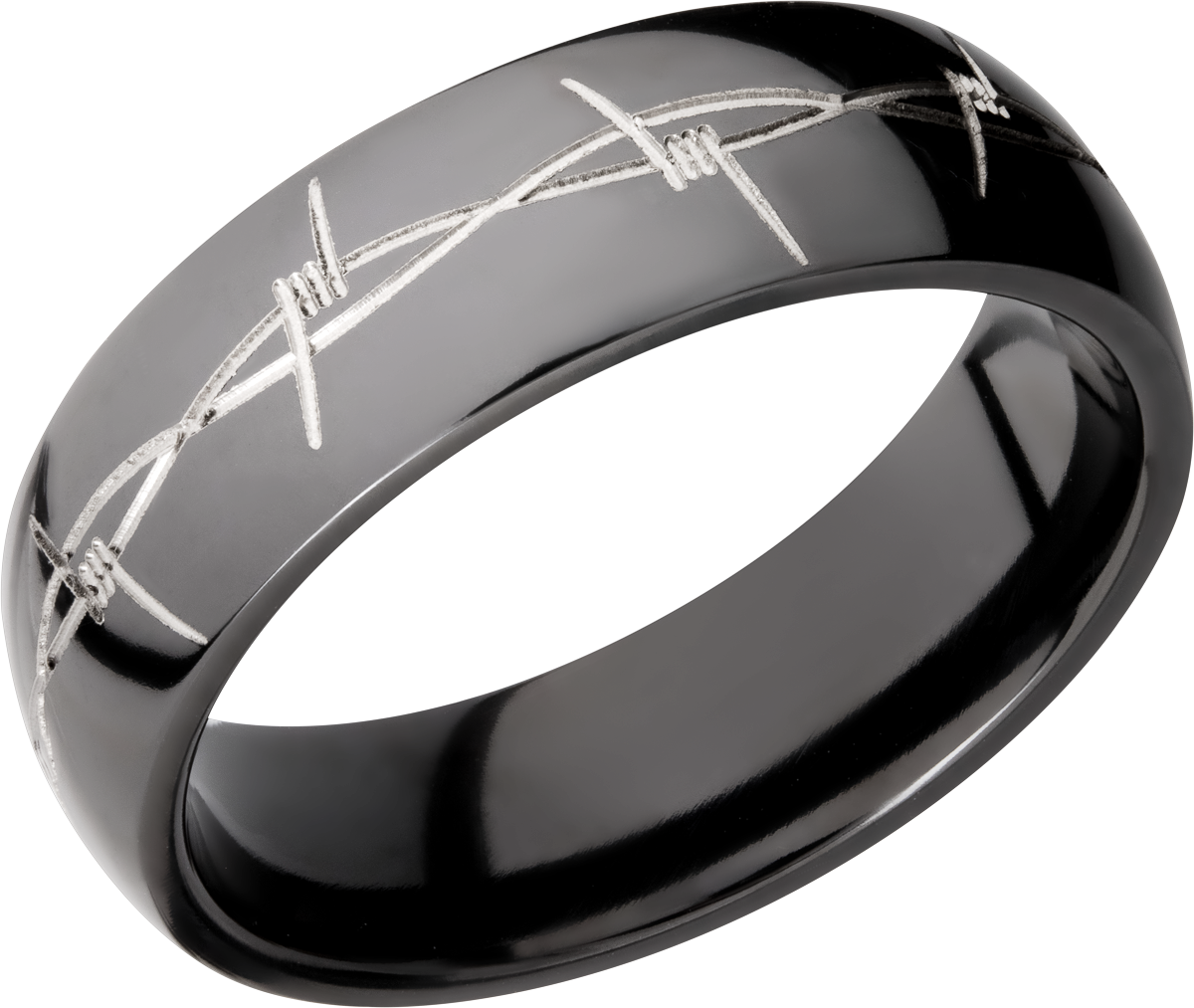 zirconium 7mm domed band with a laser-carved barbed wire pattern