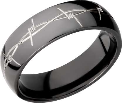 Zirconium 7mm domed band with a laser-carved barbed wire pattern