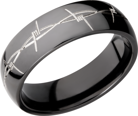 Zirconium 7mm domed band with a laser-carved barbed wire pattern