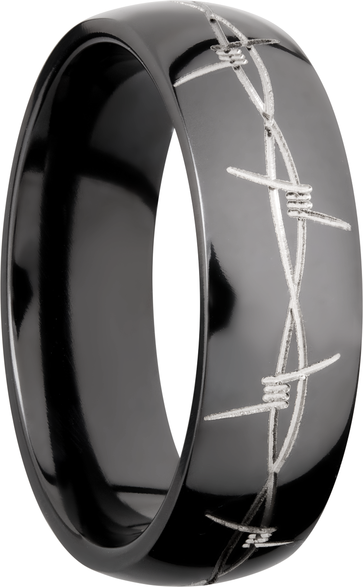 zirconium 7mm domed band with a laser-carved barbed wire pattern