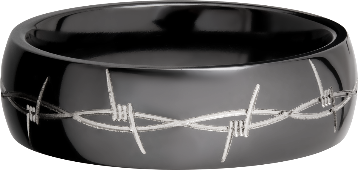 zirconium 7mm domed band with a laser-carved barbed wire pattern