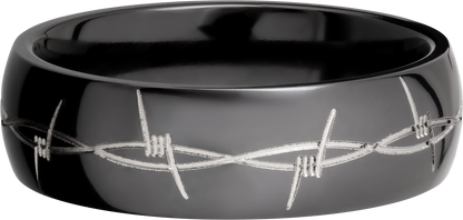 Zirconium 7mm domed band with a laser-carved barbed wire pattern