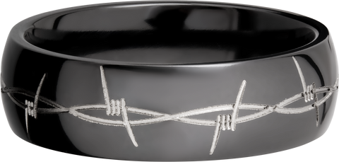 Zirconium 7mm domed band with a laser-carved barbed wire pattern