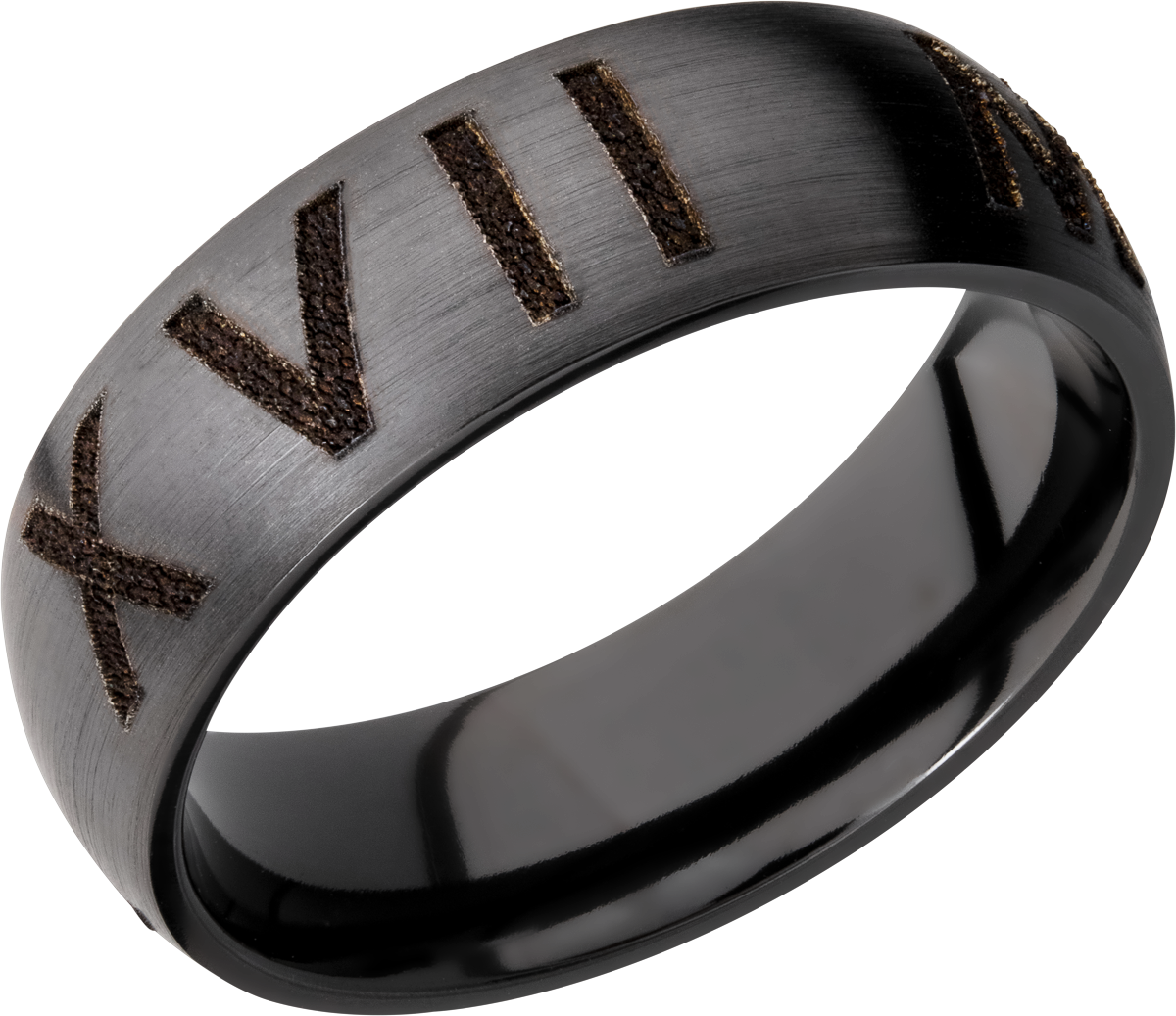 zirconium 7mm domed band with laser-carved roman numerals