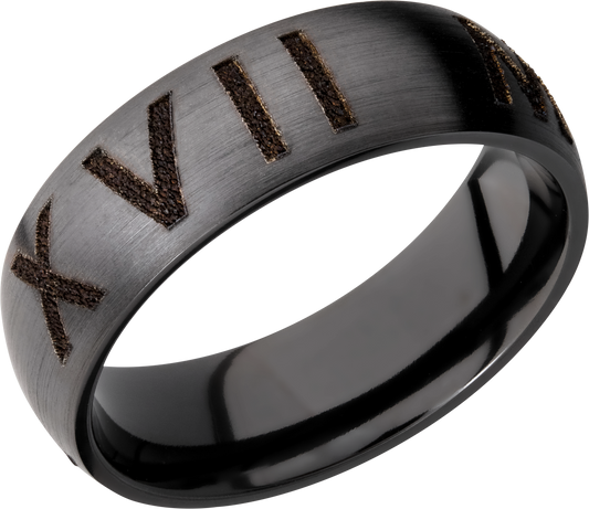 Zirconium 7mm domed band with laser-carved roman numerals