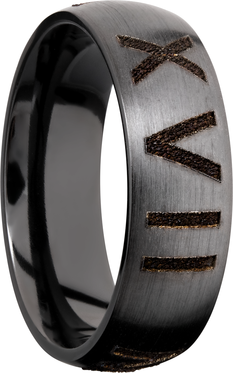 zirconium 7mm domed band with laser-carved roman numerals