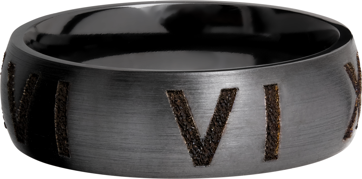 zirconium 7mm domed band with laser-carved roman numerals