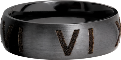 Zirconium 7mm domed band with laser-carved roman numerals