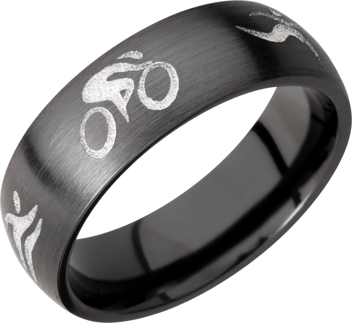 zirconium 7mm domed band with a laser-carved triathlon pattern