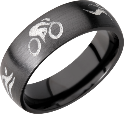 Zirconium 7mm domed band with a laser-carved triathlon pattern