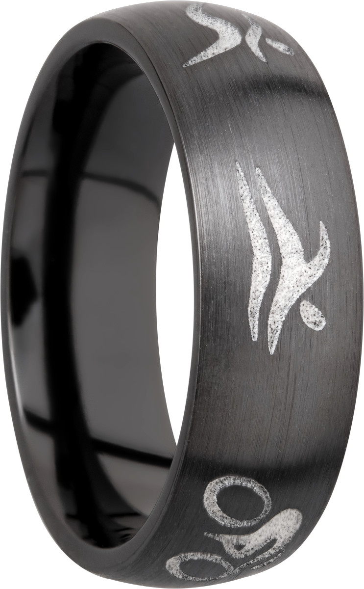 zirconium 7mm domed band with a laser-carved triathlon pattern