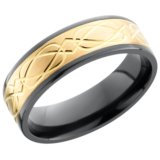Zirconium 7mm flat band with a laser-carved celtic pattern in an inlay of 14K yellow gold