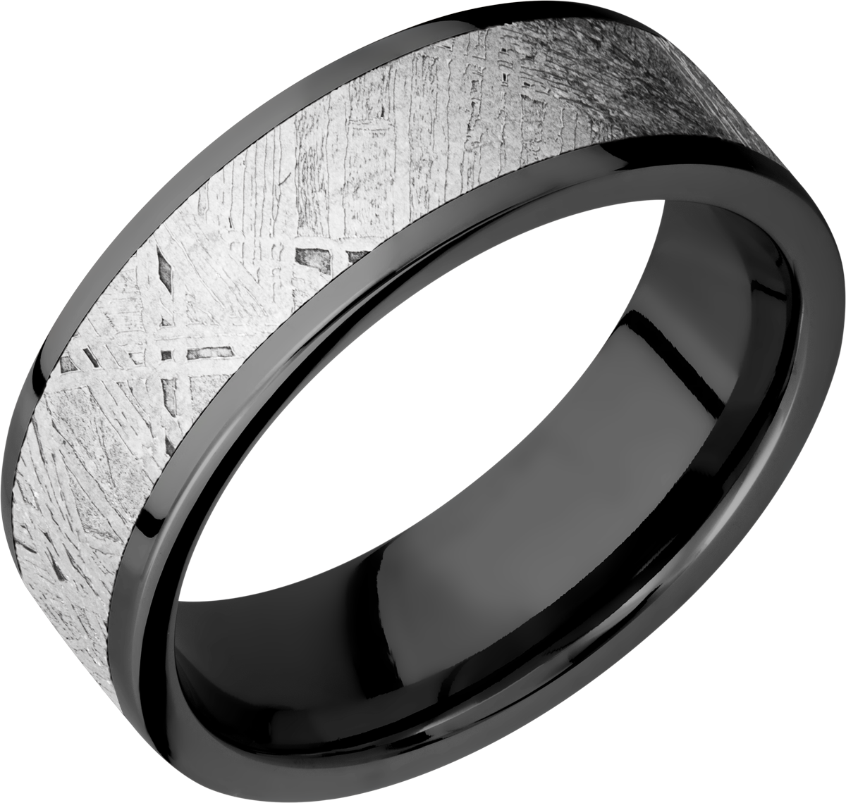 zirconium 7mm flat band with an inlay of authentic gibeon meteorite