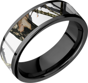 Cobalt chrome 7mm flat band with a 5mm inlay of Mossy Oak Winter Break Up Camo