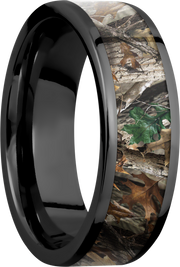 Zirconium 6mm flat band with a 5mm inlay of Realtree Timber Camo