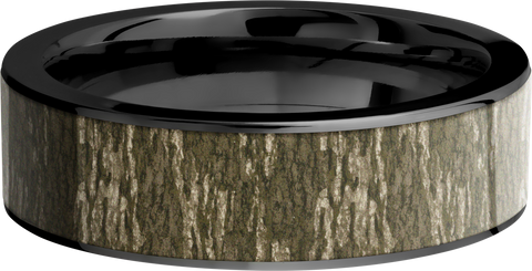 Cobalt chrome 7mm flat band with a 6mm inlay of Mossy Oak Bottomland Camo