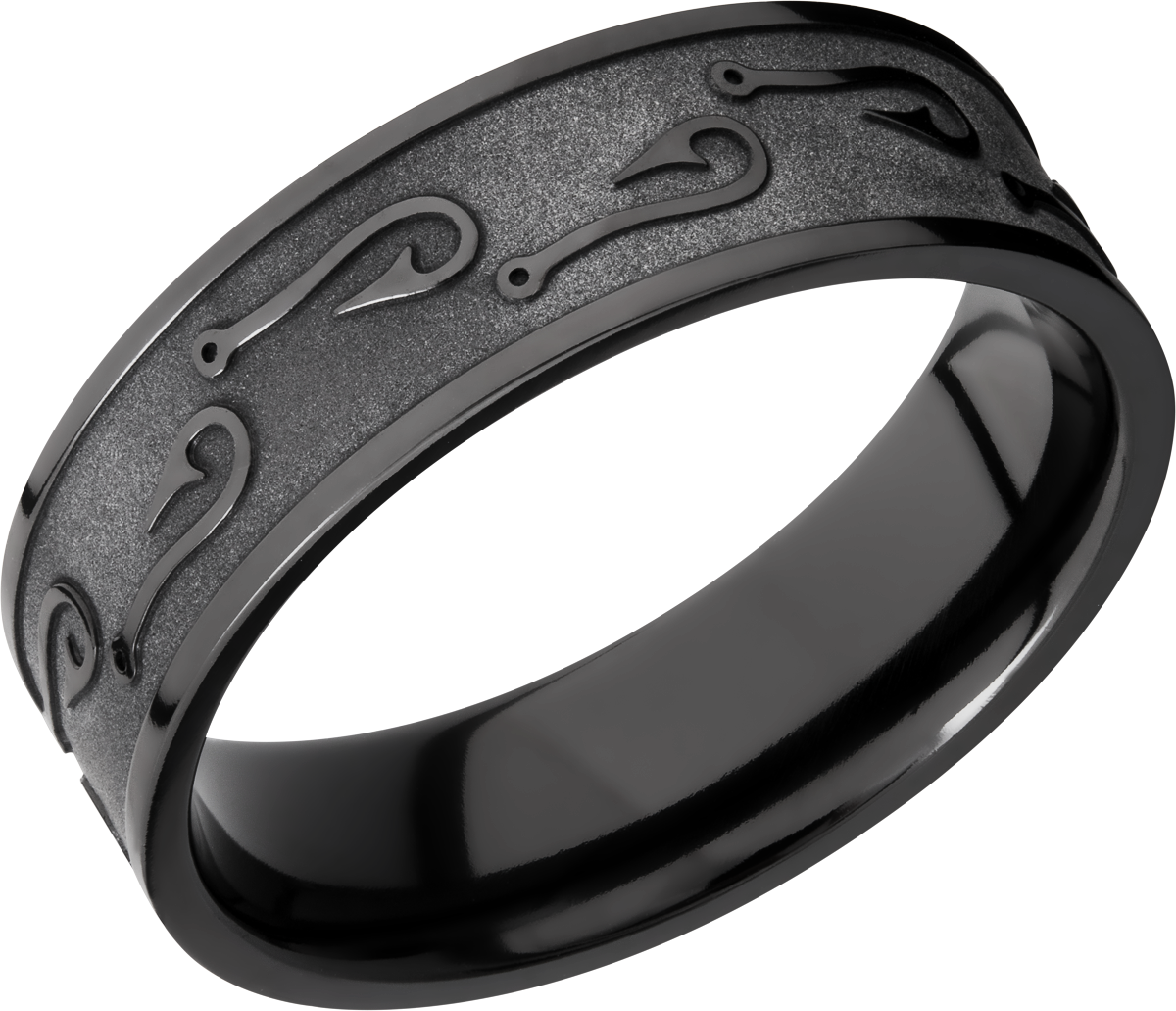 zirconium 7mm flat band with a laser-carved fishhook pattern