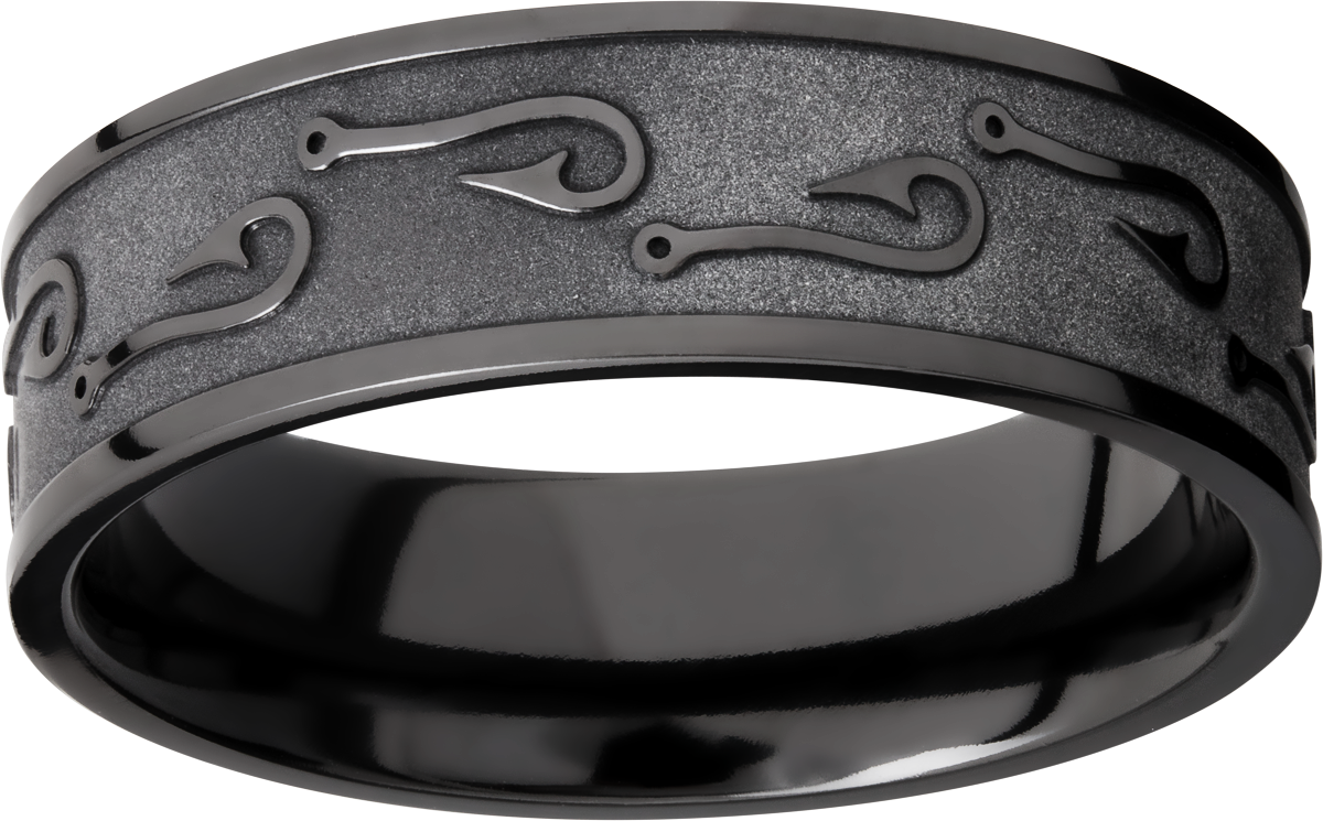 zirconium 7mm flat band with a laser-carved fishhook pattern