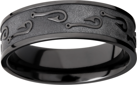 Zirconium 7mm flat band with a laser-carved fishhook pattern