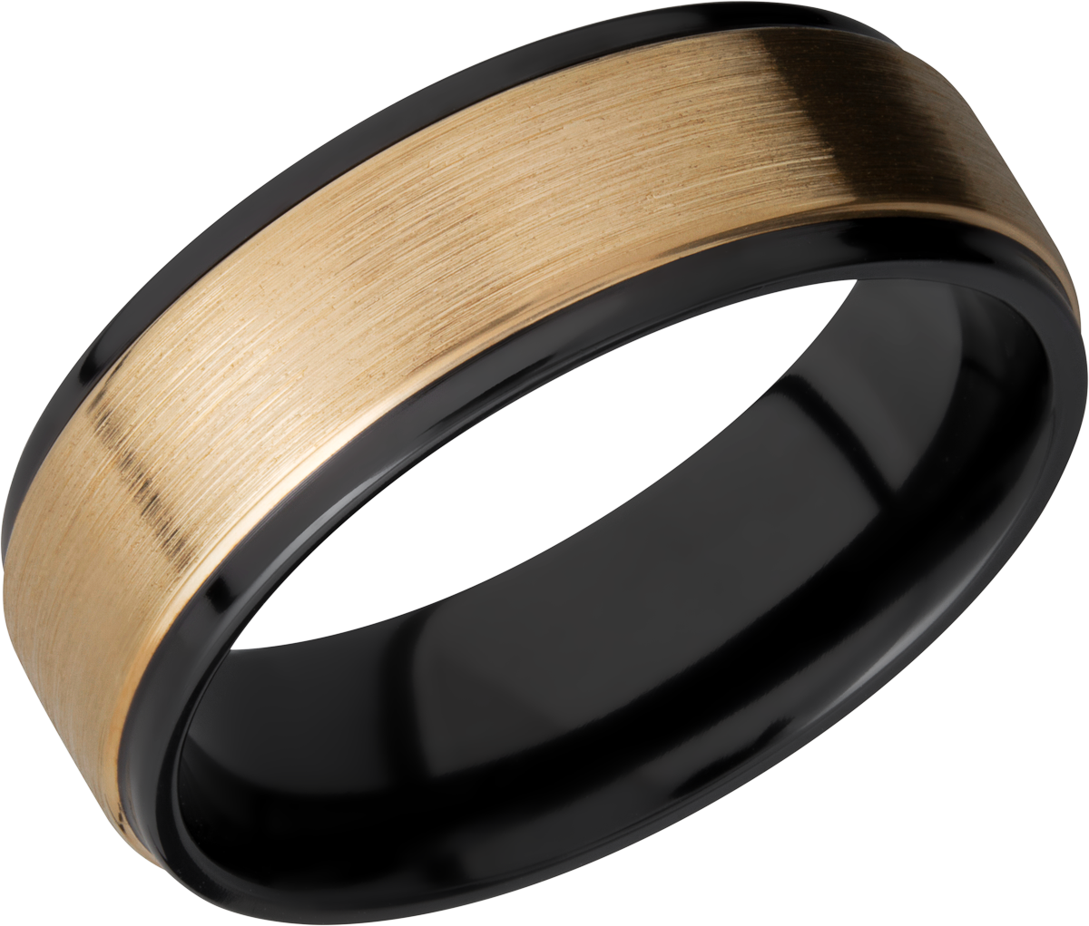 zirconium 7mm flat band with grooved edges and an inlay of 14k yellow gold