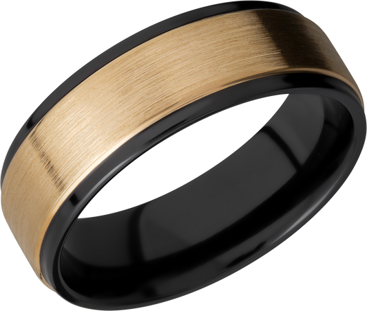 Zirconium 7mm flat band with grooved edges and an inlay of 14K yellow gold