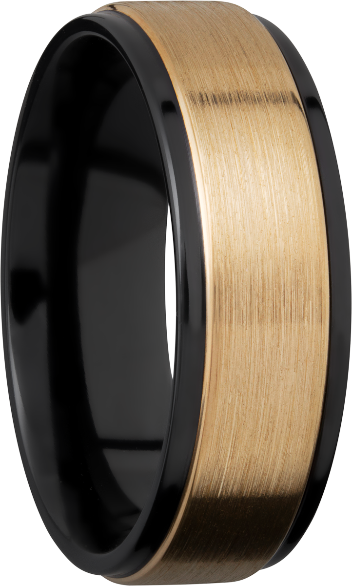 zirconium 7mm flat band with grooved edges and an inlay of 14k yellow gold