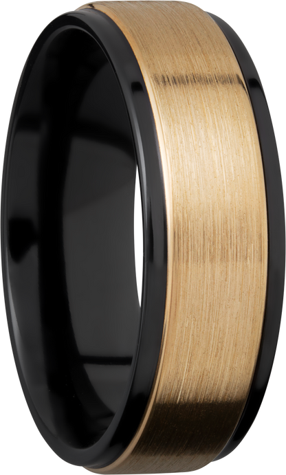 Zirconium 7mm flat band with grooved edges and an inlay of 14K yellow gold