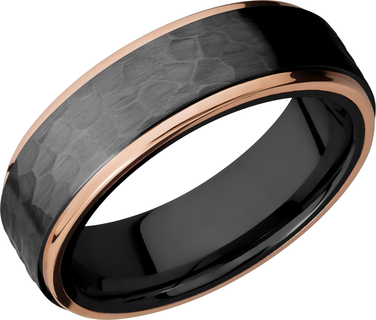 zirconium 7mm flat band with 14k rose gold grooved edges