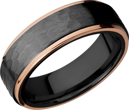 Zirconium 7mm flat band with 14K rose gold grooved edges