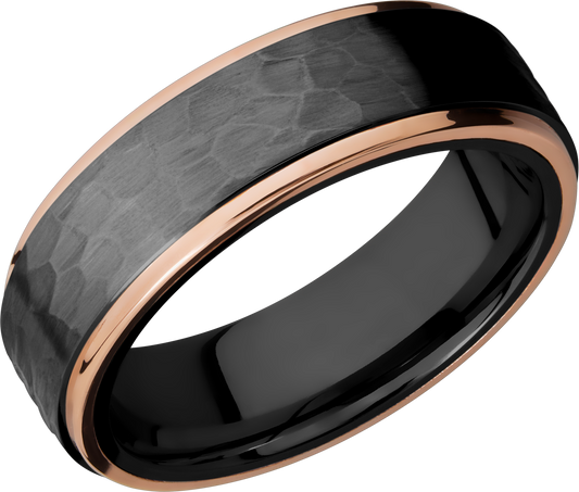 Zirconium 7mm flat band with 14K rose gold grooved edges