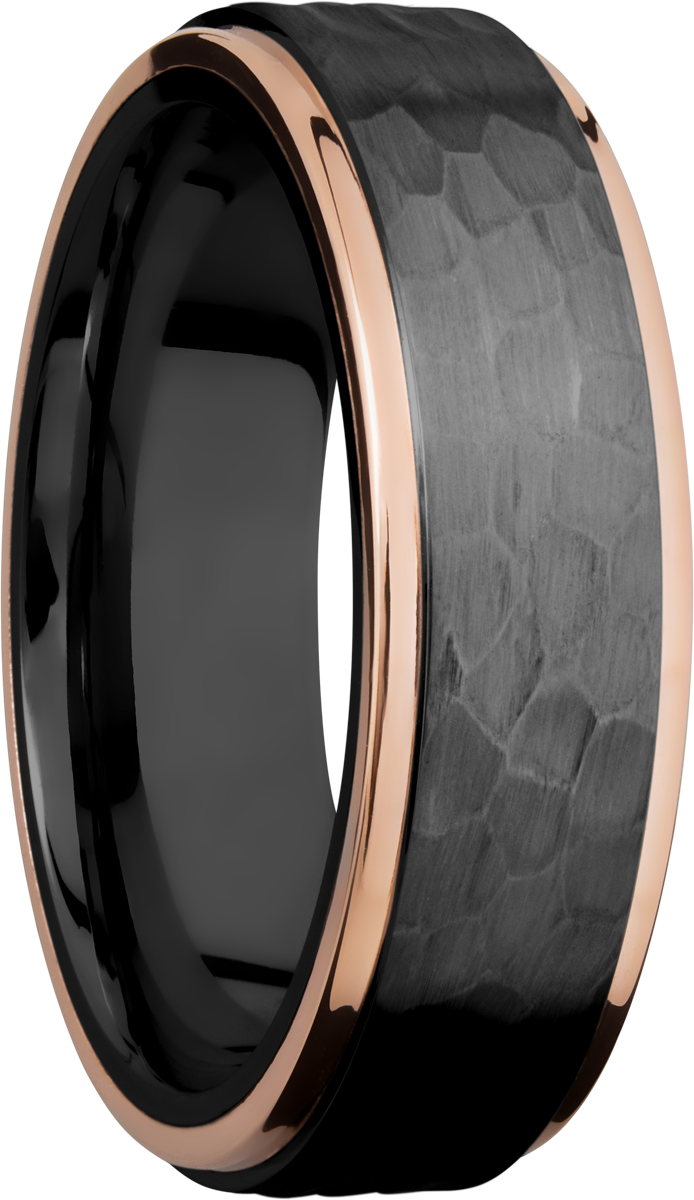 zirconium 7mm flat band with 14k rose gold grooved edges